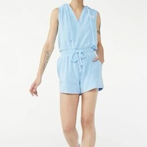 Love & Sports Baby Blue Terry Cloth Romper V Neck Hoodie XS